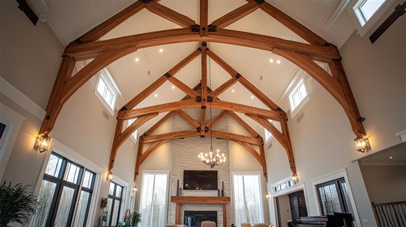 vaulted ceiling with exposed wood trusses and beams